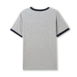 A grey unisex ringer T-shirt featuring a contrasting navy collar and sleeve trim, with a branding logo present.