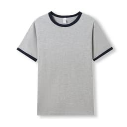 A grey men's/unisex ringer T-shirt with navy blue trim and a logo on the neckline.
