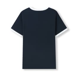 A navy ringer T-shirt featuring a contrasting white collar and sleeve hems, with a logo on the back.