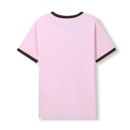 A pink unisex ringer T-shirt featuring brown trim around the collar and sleeves, with a logo on the back.