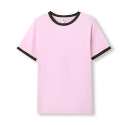 A pink ringer T-shirt with brown trim, featuring a logo at the neck.