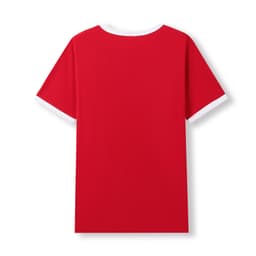A red ringer T-shirt with white trim on the collar and sleeves. The back view is displayed.