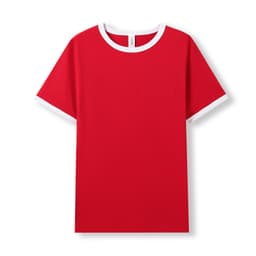 A red ringer T-shirt with white trim on the collar and sleeves. It features a logo on the front.