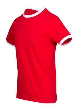 A red unisex ringer T-shirt with white collar and sleeve hems, featuring a logo on the front.