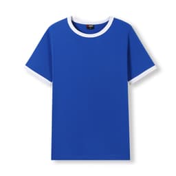 A blue ringer T-shirt featuring white collar and sleeve accents, with a logo on the front.