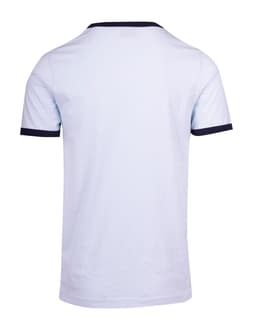 A light blue unisex ringer t-shirt with navy blue trim on the collar and sleeves, featuring a logo.