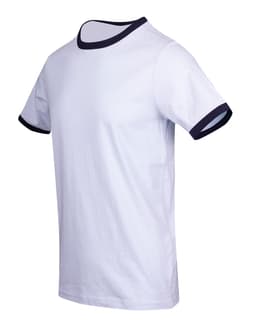 A white unisex ringer T-shirt featuring navy blue trim on the collar and sleeves, with a logo present.