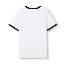 A white unisex ringer T-shirt featuring black trim around the neckline and sleeves. The back view showcases the design.
