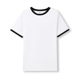 A white unisex ringer T-shirt with black collar and sleeve edges. The shirt features a logo on the tag.