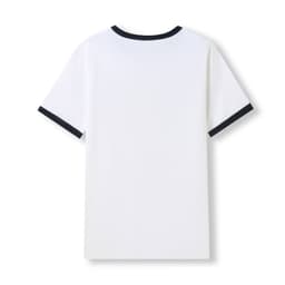 A white men's/unisex ringer T-shirt featuring a contrasting navy collar and sleeve trims. It has a label on the back.