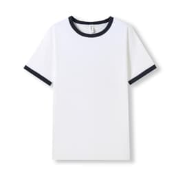 A white ringer T-shirt with a navy blue neckline and sleeve trim, featuring a logo on the label.
