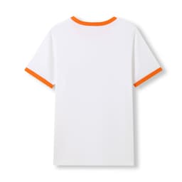 A men's/unisex ringer T-shirt in white with orange trim, featuring a plain back and a logo on the collar.