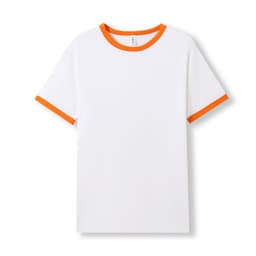 A white unisex ringer T-shirt with orange ribbed collar and sleeve accents. It features a logo on the neckline.