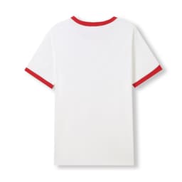 A unisex ringer T-shirt with a white body and red collar and sleeve trims, featuring a visible logo.
