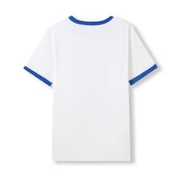 A white ringer t-shirt with blue accents on the neckline and sleeves. It features a logo.