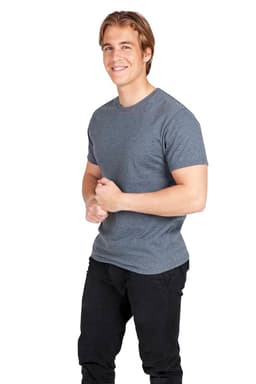 A man wearing a grey heavy marl T-shirt and black trousers, smiling and standing with arms crossed.