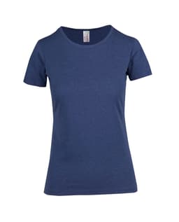 A women's short-sleeve T-shirt in a rich navy blue, featuring a rounded neckline and a logo on the label.