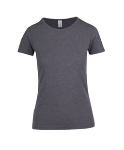 A grey women's t-shirt with short sleeves and a round neckline. It features a brand logo on the inside label.