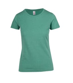 A women's t-shirt in a soft green marl colour with a round neckline and short sleeves. It features a branding label.