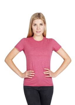 A pink marl women's t-shirt with short sleeves displayed on a model. The shirt has a logo on it.