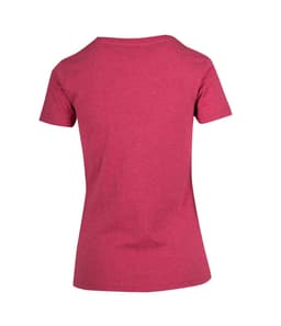 A maroon women's t-shirt featuring a classic crew neck and short sleeves, with a logo on the back.
