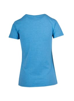 A women's short-sleeve T-shirt in a light blue marl colour with a rounded neckline and a logo on the back.