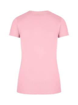 A pink women's slim fit t-shirt featuring a round neckline and short sleeves. The garment has a logo on the back.