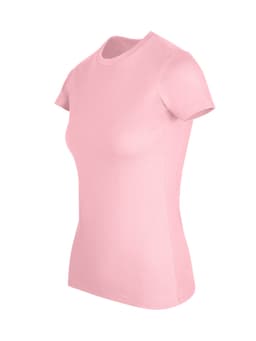 A pink women's slim fit tee with short sleeves and a round neckline, featuring a small logo.