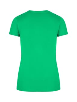 A women's slim fit tee in bright green, featuring a classic short sleeve and a plain back design.