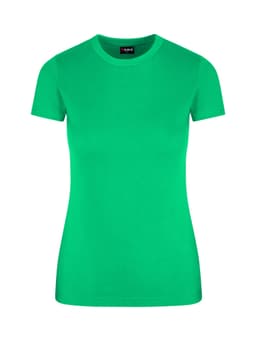 A women's slim fit tee in bright green, featuring a round neckline and short sleeves. It has a logo on the label.