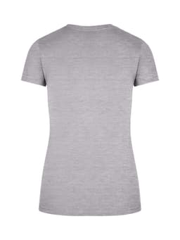 A light grey women's slim fit tee with short sleeves and a rounded neckline, featuring a logo on the back.