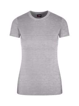 A women's slim fit tee in light grey, featuring short sleeves and a round neckline. It has a brand logo on the label.