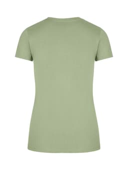 A women's slim fit tee in a soft green colour, featuring a simple design and short sleeves.
