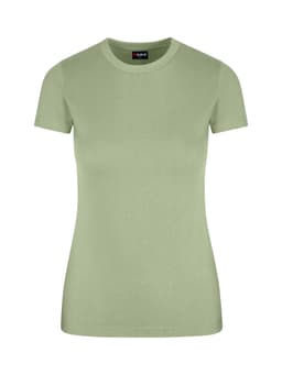 A green women's slim fit tee with short sleeves and a round neckline. It features a logo on the collar area.