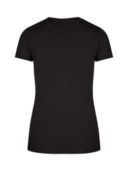 A black women's slim fit tee with short sleeves, featuring a plain back design and a logo.