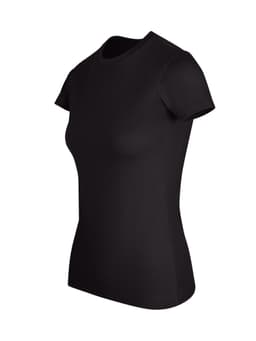 A black women's slim fit tee with short sleeves, featuring a simple design and a logo on the chest.