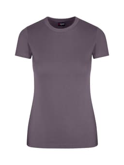 A women's slim fit tee in a solid grey colour with short sleeves and a round neckline. It features a logo tag.