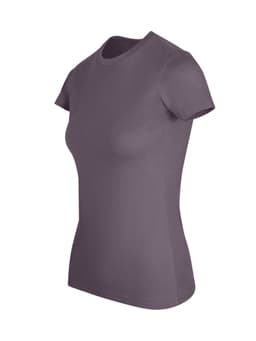 A women's slim fit tee in a solid shade of purple, featuring short sleeves and a round neckline.