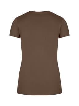 A brown women's slim fit tee with short sleeves and a round neckline, featuring a logo.