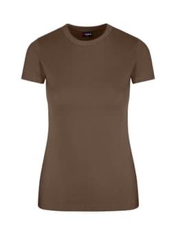 A women's slim fit tee in a brown shade, featuring a classic round neckline and short sleeves. It has a branding logo.
