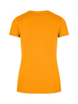 A women's slim fit tee in bright orange, featuring a classic crew neck and short sleeves. The back view is shown.
