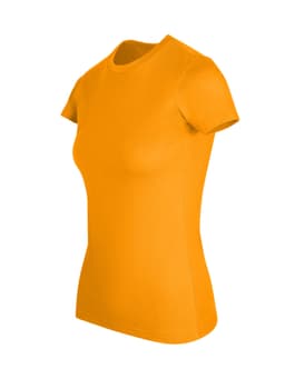 A women's slim fit tee in vibrant orange, featuring short sleeves and a classic crew neck design.
