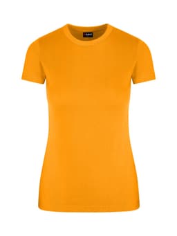 A women's slim fit tee in vibrant orange with short sleeves and a classic round neckline, featuring a logo.