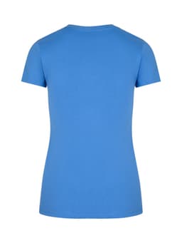 A women's slim fit tee in bright blue, featuring a classic short sleeve and round neckline design. It has a logo on the back.