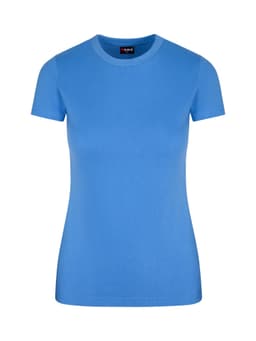 A women's slim fit tee in a vibrant blue colour with a round neckline and short sleeves. It features a logo.