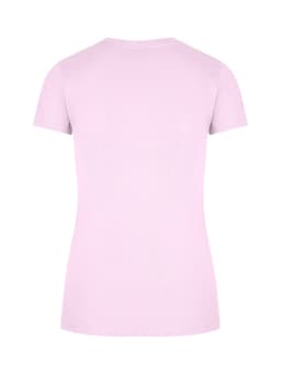 A pink slim fit women's t-shirt displayed from the back, featuring a simple design and a logo.