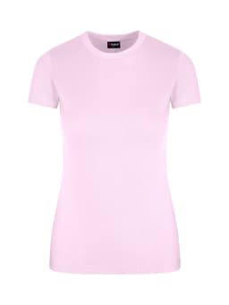 A light pink slim fit women's t-shirt with short sleeves and a branded neck tag.