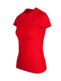 A women's slim fit tee in bright red, featuring a round neckline and short sleeves, with a logo on the garment.
