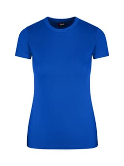 A women's slim fit tee in a vibrant blue colour, featuring a crew neck and short sleeves. The shirt has a branding label.