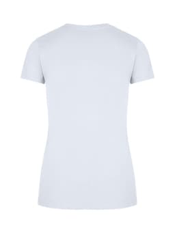 A light blue women's slim fit tee with short sleeves and a round neckline. The back view reveals a smooth design.